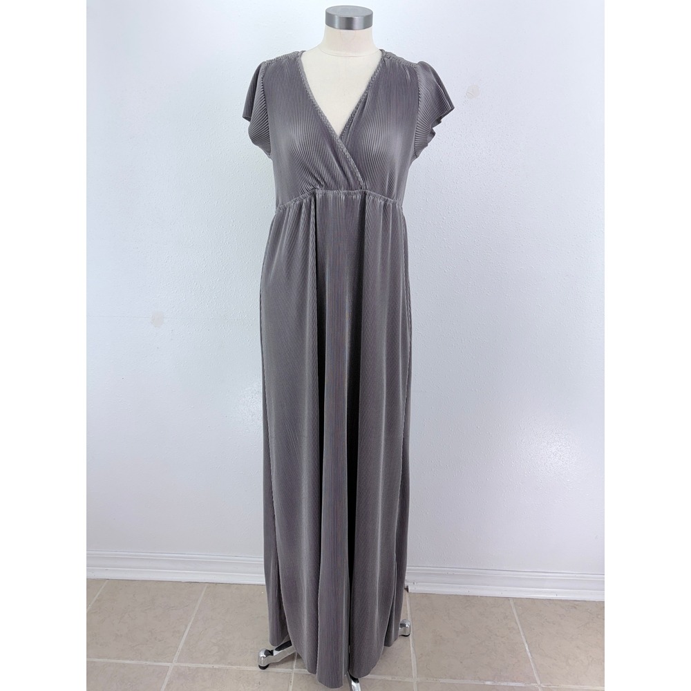Baltic Born Maxi Dress Grey Micro Pleated V-Neck Short Sleeve XXXL